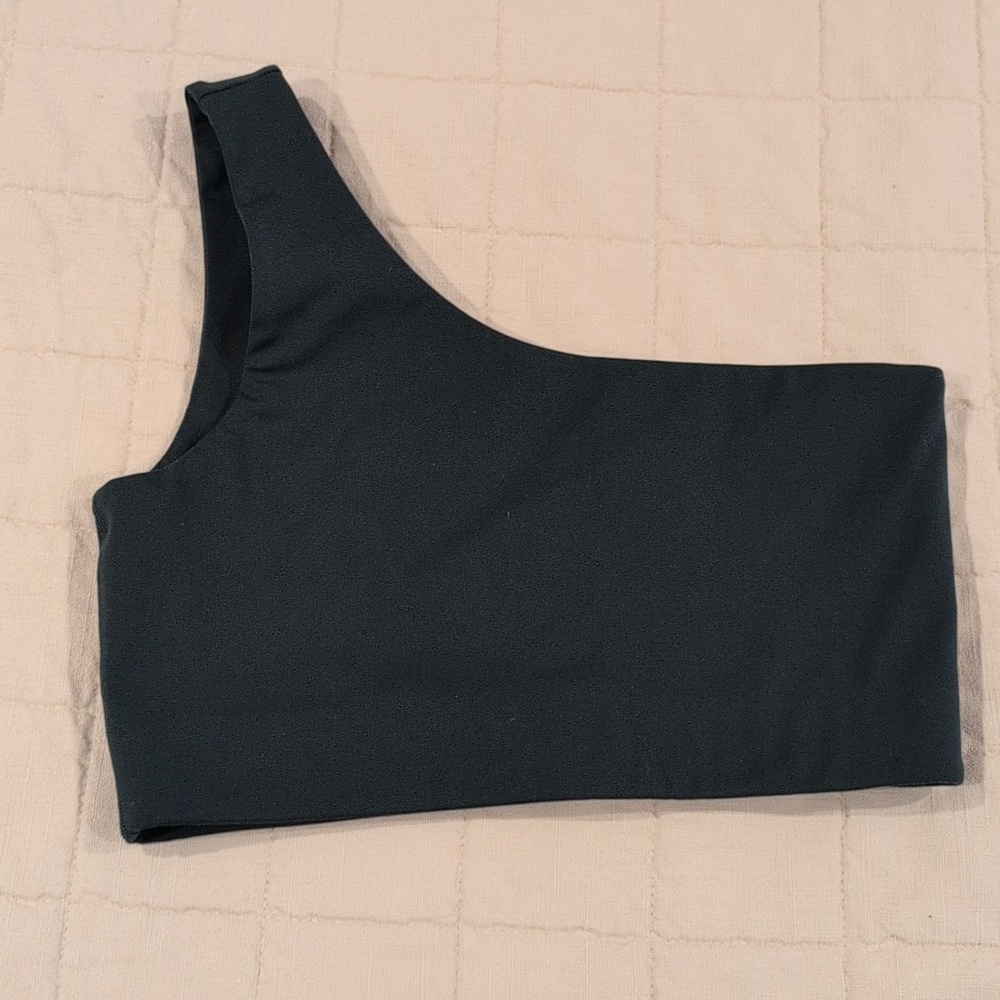 Girlfriend Collective Size Medium One Shoulder Bianca Bra In A Dark Mossy Green